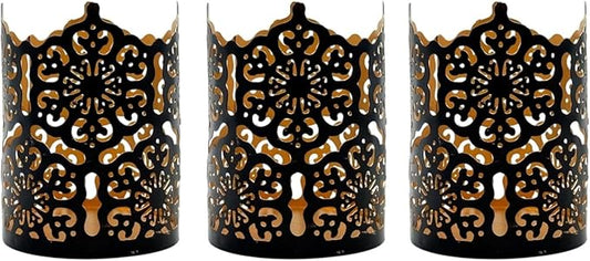 Hosley Set of 3 Black Metal Candle Holders 4 Inch High - Lattice Cut Lanterns for Table Centerpiece, Wedding, Home Decor, Indoor Outdoor