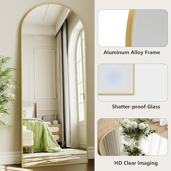 Large Full Length Mirror, 30"x71" Arched Floor Mirror Full Length with Stand, Room Decor Big Full Body Mirror with HD Tempered Glass Aluminum Frame for Bedroom Living Room,Gold