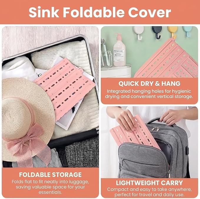 Sink Foldable Cover, Bathroom Sink Top Cover Space Saver, Silicone Makeup Organizer Mat for Over Countertop Bathroom Accessories (Pink)