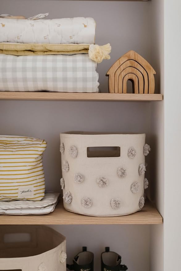 Pehr Pom Pom Basket, Pint (Grey) | 100% Cotton Canvas Storage for Nursery, Playroom & Home | Decorative Organizer | 10”D x 9”H