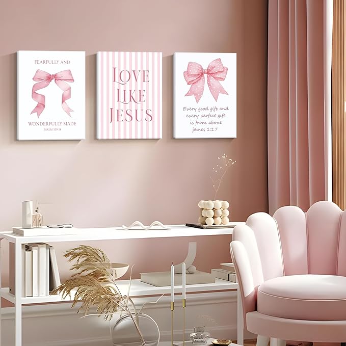 Dytila 3 Piece Pink Bows Wall Art for Girls Room, Bible Verse Pictures Bathroom Decor, Coquette Wall Artwork, Cute Teen Room Decoration, Dorm Decor for College, College Gifts for Girls 16x24 Inch