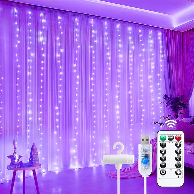 Minetom Halloween Purple Curtain Lights, 300 LED Dimmable Fairy Lights with Remote and Timer, 8 Modes, USB Powered String Lights for Room Wall Party Xmas Indoor Decor
