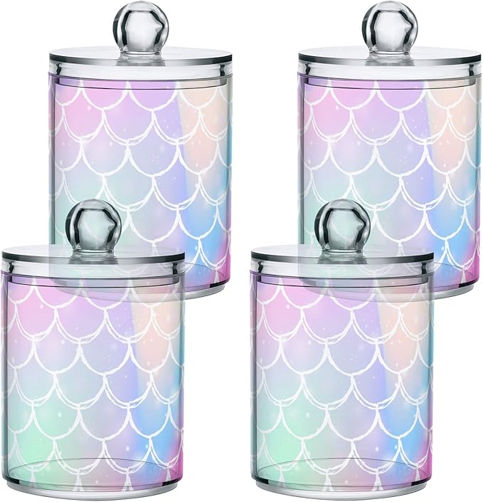 2 Pack Qtip Holder Dispenser for Cotton Ball Rainbow Scales Mermaid Cotton Swab Cotton Round Pads Clear Plastic Acrylic Jar Set Bathroom Canister