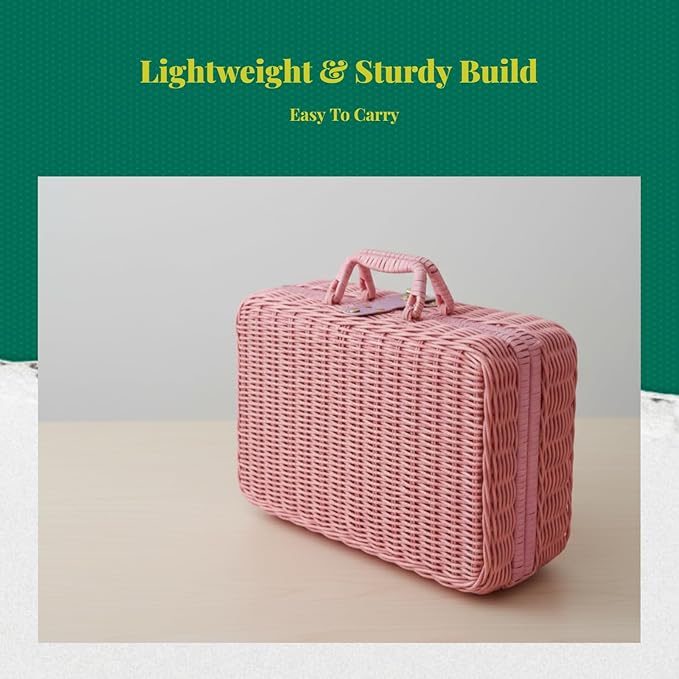 Woven Suitcase Imitation Rattan Storage Basket Gift Box Rustic Picnic Suitcase Handwoven Storage Case for Travelling Bathroom, Pink S