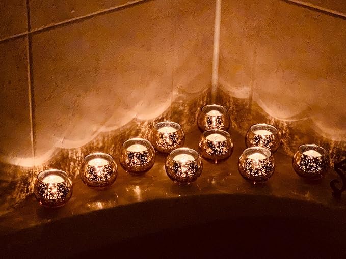 Volens Round Gold Votive Candle Holders, Mercury Glass Candle Holder Set of 12, Wedding Decorations for Table