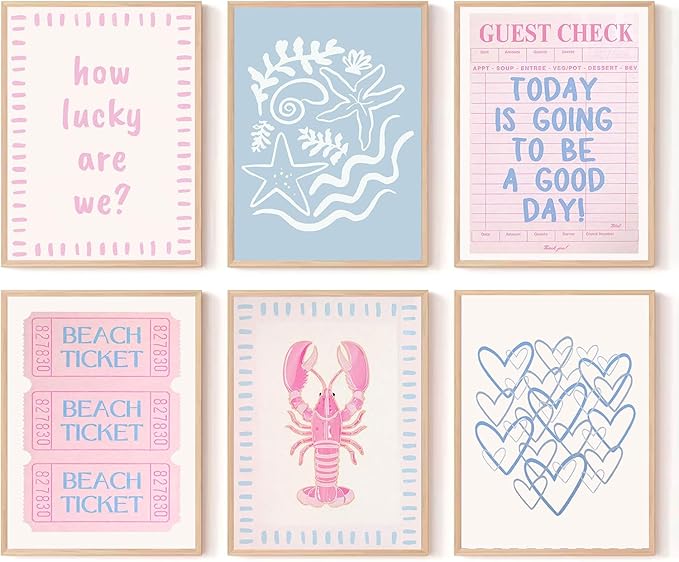 Zuowclli 6Pcs Coastal Granddaughter Wall Art Prints Pink Blue Beach Beach Preppy Wall Decor Pictures Summer Beachy Aesthetic Posters for Girly Bedroom Dorm Apartment Home Decoration Unframed 8x10in