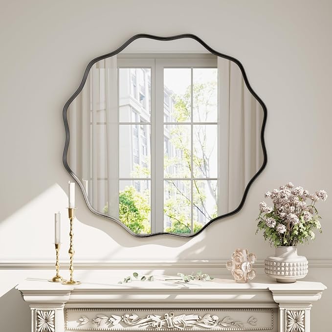 Round Wavy Mirror 36 Inch Bathroom Vanity Mirror Metal Frame Circle Wall Mounted Mirror for Bedroom Living Room Entryway Black