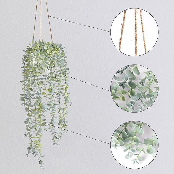 Decorative Hanging Plants for Shelf, Faux Ivy Eucalyptus Vine, Fake Greenery in White Pot with Lanyard (Full, Large Pot)