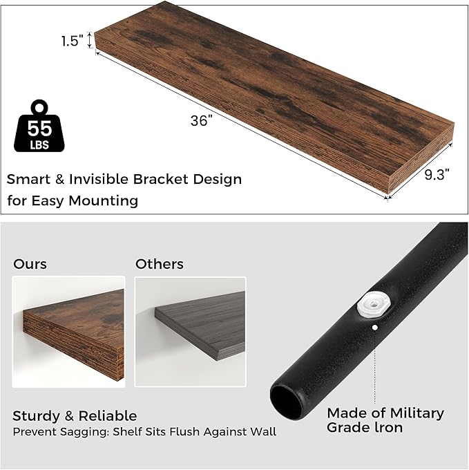 Venusmiles Floating Shelves for Wall, Engineered Wood Wall Shelves with Invisible Brackets for Living Room Bedroom Bathroom Office Kitchen Decor and Storage (Brown, 36" W x 9" D x 1.5" H) Set of 2