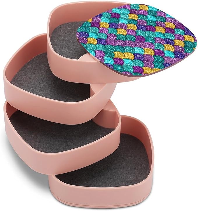 4-Layer Rotating Jewelry Storage Tray with Mirror Colorful Mermaid Fish Scales Jewelry Organizer Earring Holder for Bracelets Rings