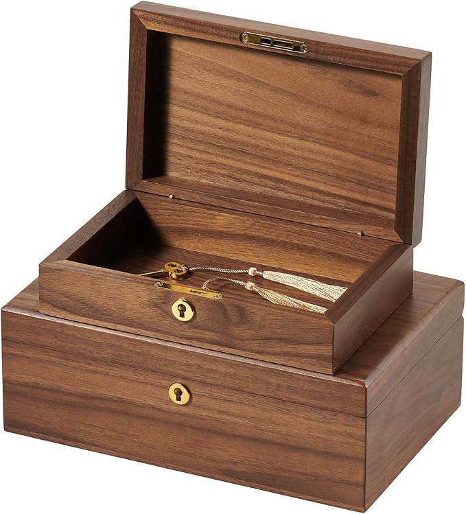 Walnut Storage Boxes with Locking Lid Set of 2 Decorative Solid Wood Storage Baskets Lockable Vintage Wooden Memory Box Chests for Keepsakes Photos Jewelry Desktop Organizer Container
