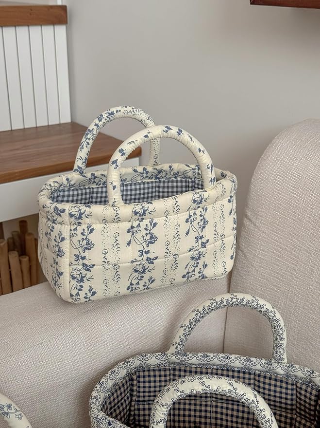 Small Storage Basket Organizer, Mini Fabric Floral Storage Baskets with Handle, Quilted Portable Collapsible Storage (Vine-Blue C)