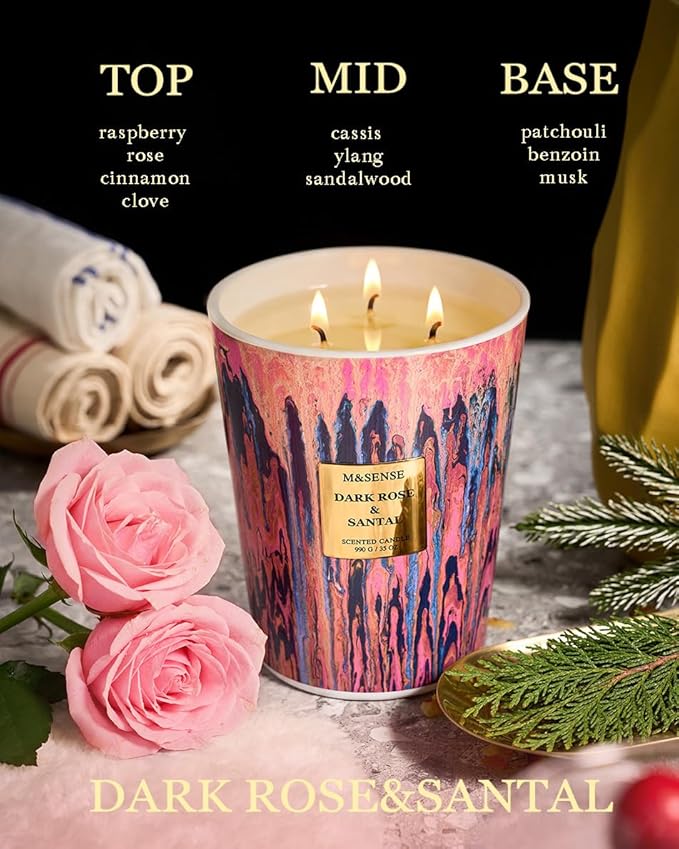 M&SENSE 3-Wick Dark Rose Scented Soy Large Candle, 35oz 150 Hours Non-Toxic, Luxury Romantic Floral Aroma Spring Candles, Valentines Mothers Day Gift for Her, Fancy Decorative Home Candle