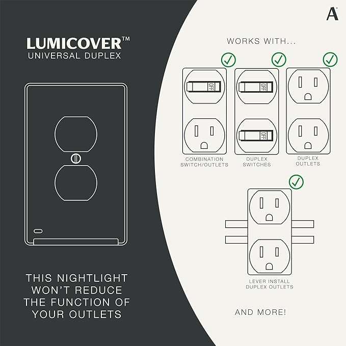 AMERELLE Universal LumiCover Wallplate with Built-In Night Light, Standard Duplex, White - Easy DIY Installation, Convenient Low-Profile Design