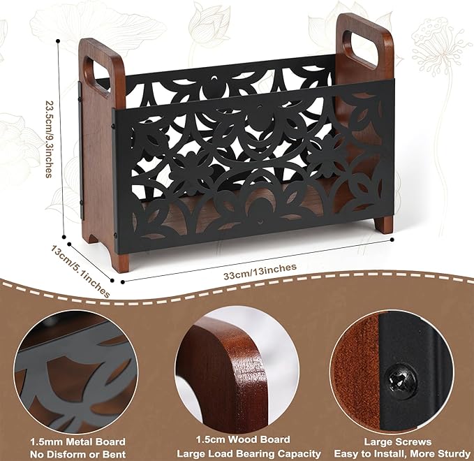 QILICHZ Magazine Holder,Wood Magazine Rack Floor,Rustic Magazine File Holder Organizer,Decorative Magazines Storage Basket for Books,Newspapers,Mails,Files