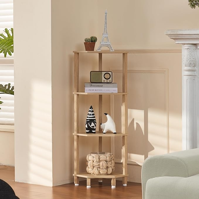YUFAM 4-Tier Corner Shelf with Sturdy 5-Leg Base, 41in Tall Narrow Bookcase for Small Spaces, Wooden Plant Display Shelf, Thin Bookshelf for Living Room, Bedroom, Office, Natural