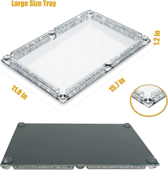 Large Crystal Tray, Glass Mirror Modern Jewelry Trinket Trays with Crushed Diamond, 15.7" x 11.8" Rectangular Makeup Perfume Tray for Bathroom Bedroom, Home Decor, Hotel Banquet, Party (Silver C)