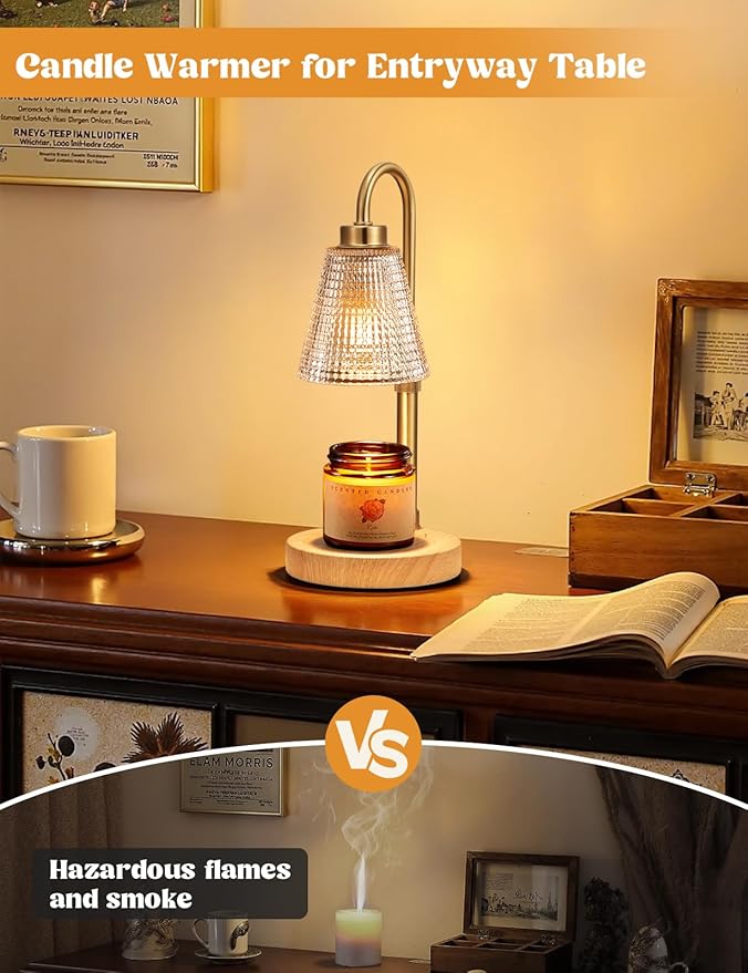 Wood Color& Clear Candle Warmer Lamp with Timer, Dimmable Candle Warmer for Jar Candles, Height Adjustable Wax Melts Warmer, Birthday Gifts for Women Mom, House Warming Gifts New Home Decor
