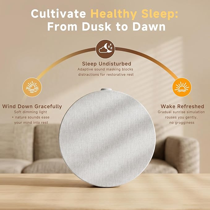 Geuuap Sunrise Alarm Clock White Noise Machine | Natural Wake-Up Light for Bedroom with 30 Soothing Sleep Aids, Bluetooth Speaker, Dimmable Clock, Screen-Free Design for Baby Adults Kids-White