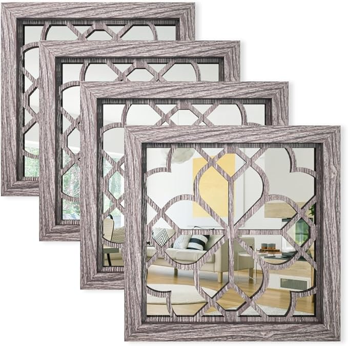 Set of 4 14 Inch Square Brown Window Pane Wall Mirrors, Shatterproof Rustic Farmhouse Boho Vintage Decorative Mirrors for Living Room Bedroom Bathroom Entryway