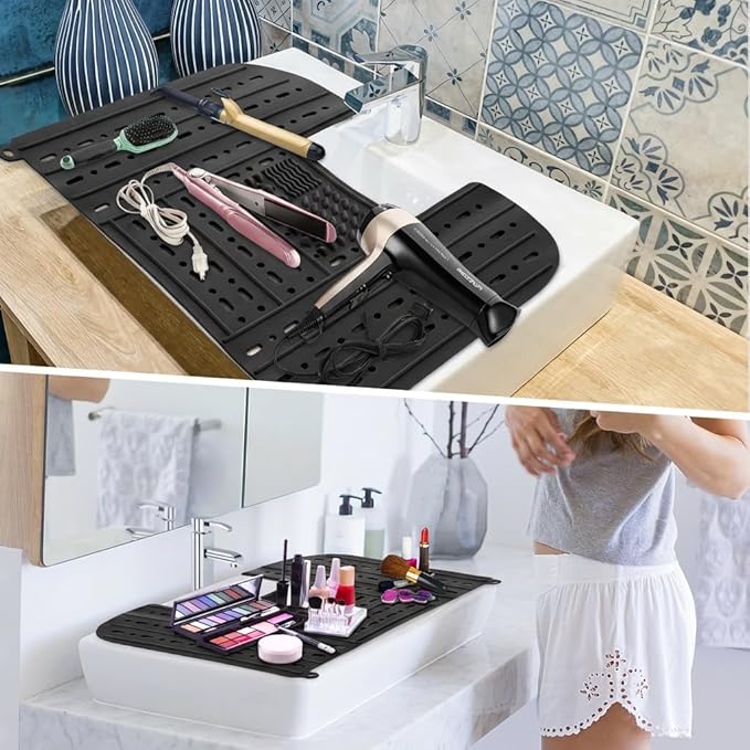 Sink Foldable Cover, Bathroom Sink Top Cover Space Saver, Silicone Makeup Organizer Mat for Over Countertop Bathroom Accessories (Black)