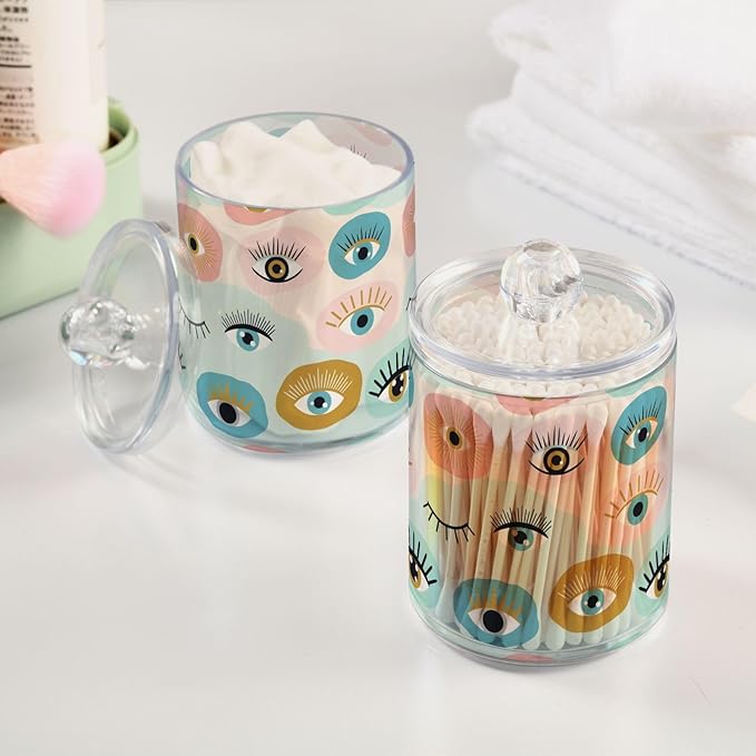 Colorful Evil Eye Bathroom Containers Holder with Lids Set Clear Jars 2 Pack Plastic Makeup Storage Organizer 4.13 x 2.75In for Pads Cotton Swabs Hair Clips