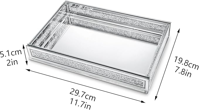 Kanpura Crush Diamond Mirror Perfume Tray, Silver Glass Mirror Trays for Vanity, Jewelry Organizer, Decorative Serving Tray for Christmas Coffee Table Decor(11.5”x7.5”x2”)