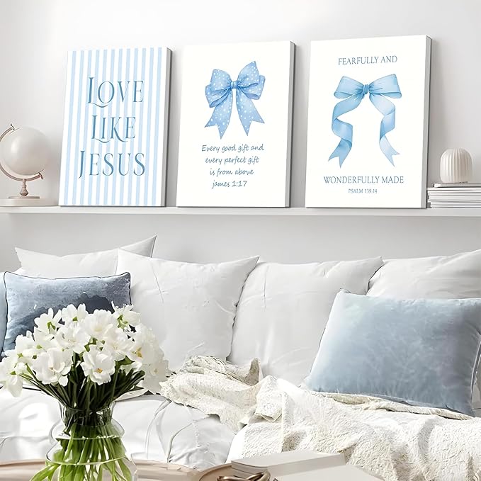 Dytila 3 Piece Blue Bows Wall Art for Girls Room, Bible Verse Pictures Bathroom Decor, Coquette Wall Artwork, Cute Teen Bedroom Decoration, Dorm Decor for College, College Gifts for Girls 12x16 Inch