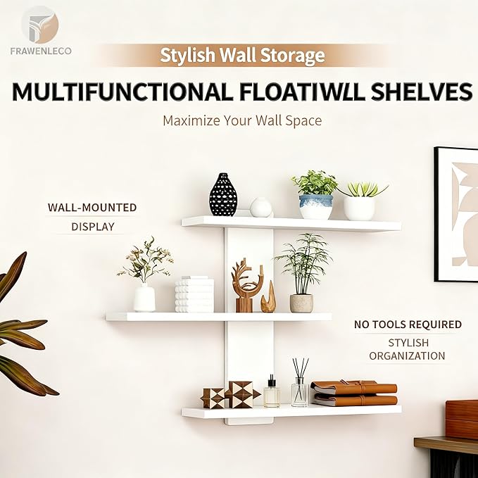 No Drilling 3 Tier Wall Shelf Unit, Versatile Lack Wall Shelf, Wall Hanging Storage Shelves for Kitchen Living Room Bedroom Dorm, Decorative Vertical Shelving Unit, White