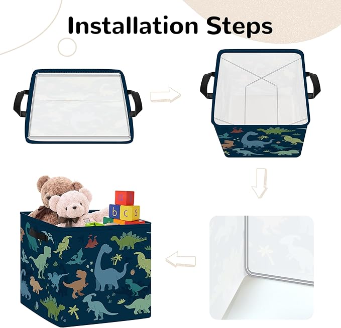 Clastyle 3 Pack 11.8'' Fabric Dinosaur Storage Basket for Shelves Collapsible Closet Organizers with Metal Frame Bottom Board Large Kid Clothes Toy Book Cube Bin for Playroom Bedroom,Watercolor