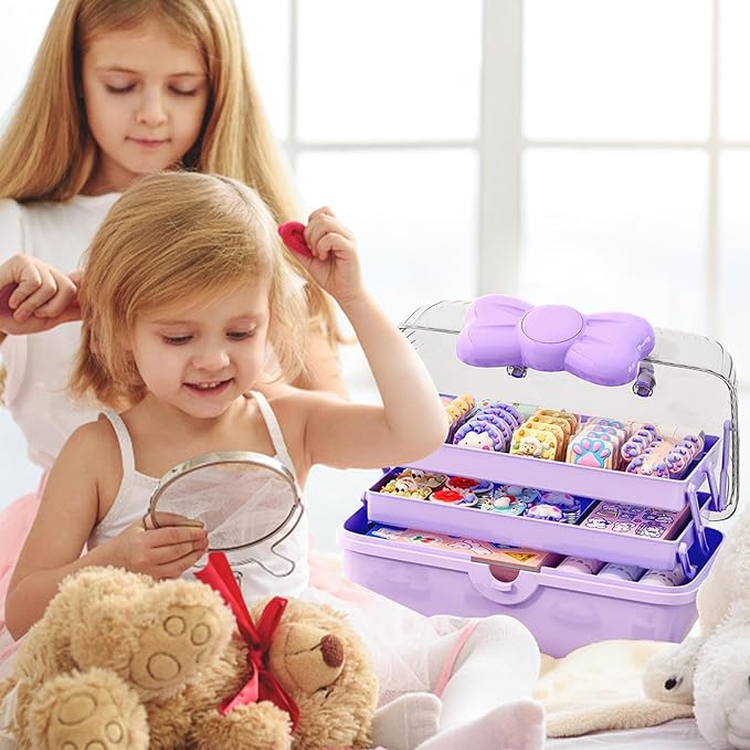 Hair Accessories Organizer for Girls, 3-Layers Foldable Hair Clip Organizer Box with Handle, Multifunctional Storage Box for Headband, Bows, Hairties, Jewelry, Sewing Supplies, Makeup Tool, Craft
