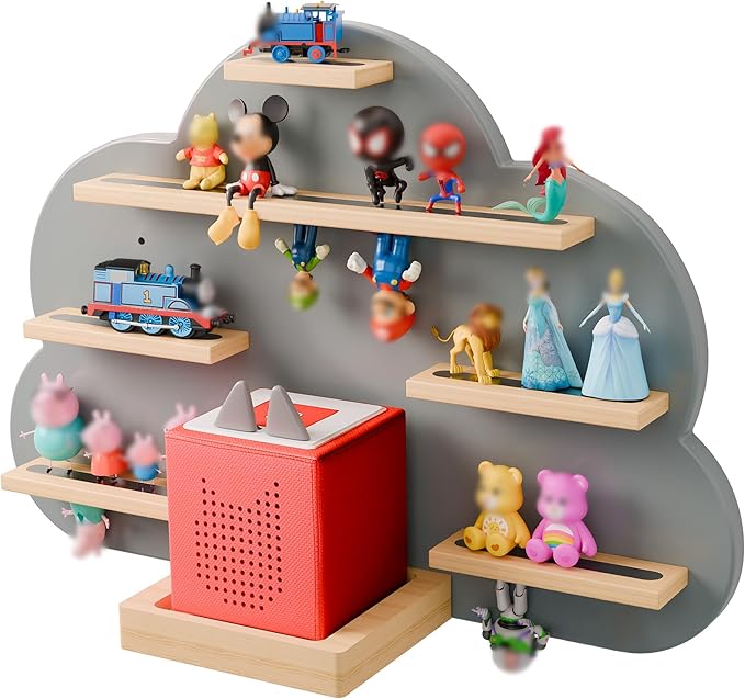 Cloud Tonies Shelf for Toniebox Storage - Unique Floating Magnetic Wall Shelves for 20-30 Tonie Figures, Beech Wood Display Tonie Shelf for Children Kids (Grey)