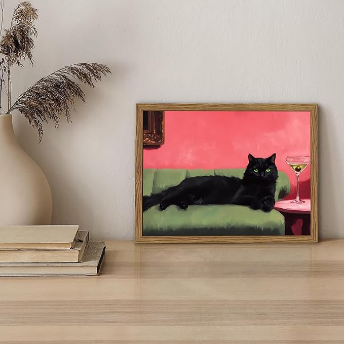Cute Black Cat With Martini Wall Art Funny Animal Wall Decor Quirky Whimsical Cocktail Bar Cart Canvas Painting Poster Prints Pet Lover Picture Aesthetics for Bedroom Living Room Framed 12x16 inch
