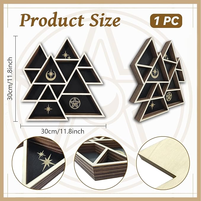 peacoblue Mountain Shaped Crystal Display Shelf 11.8" L× 11.8" W× 1.2" Wooden Wall Mounted Decor with Multiple Compartments for Crystals, Gemstones & Trinkets for Bohemian, Witchy & Modern Interiors