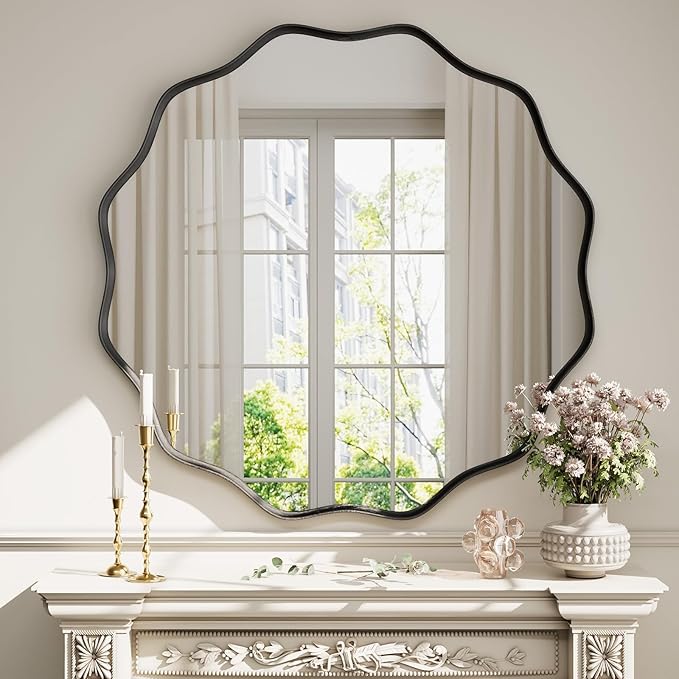 Round Wavy Mirror 42 Inch Bathroom Vanity Mirror Metal Frame Circle Wall Mounted Mirror for Bedroom Living Room Entryway Black