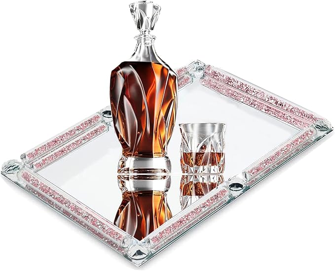 Crystal Perfume Tray,Crushed Diamond Filled Crystal Glass Tray,11.8" x 7.9" Rectangular Cosmetic Makeup Vanity Trays,Mirror Jewelry Trinket Tray,Serving Tray for Home Decor,Party,Hotel Banquet (Rose)