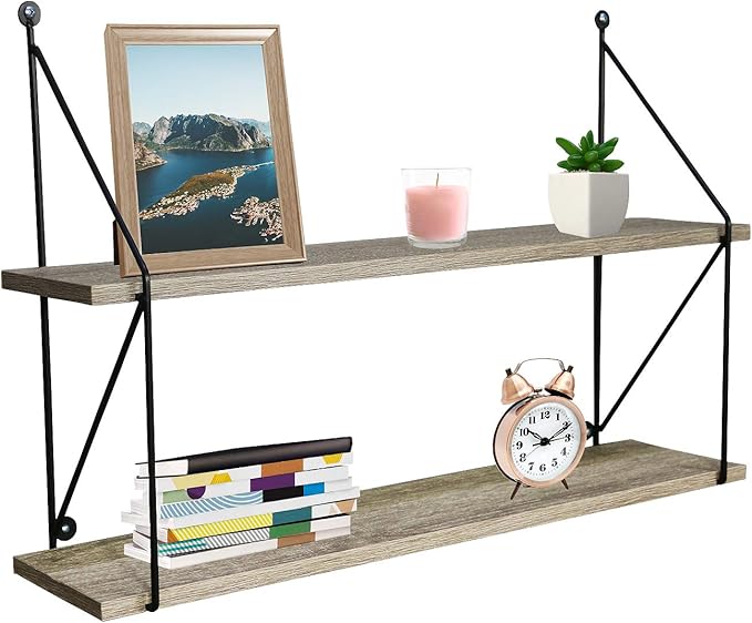 Sorbus® Floating Shelf with Metal Brackets — Wall Mounted Rustic Wood Wall Storage, Decorative Hanging Display for Trophy, Photo Frames, Collectibles, and Much More (2-Tier – Grey)