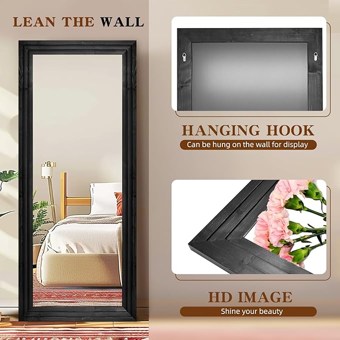 Full Length Mirror 76"x34" Solid Wood Frame Floor Large Mirror for Living Room, Bedroom Hanging or Leaning Wall-Mounted, Black