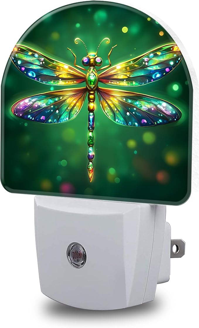 Night Light, Glitter Dragonfly Night Lights Plug into Wall Dusk to Dawn Sensor Round Nightlight for Women Men Energy Efficient Led Lamp 0.5W for Stairway Hallway Bedroom