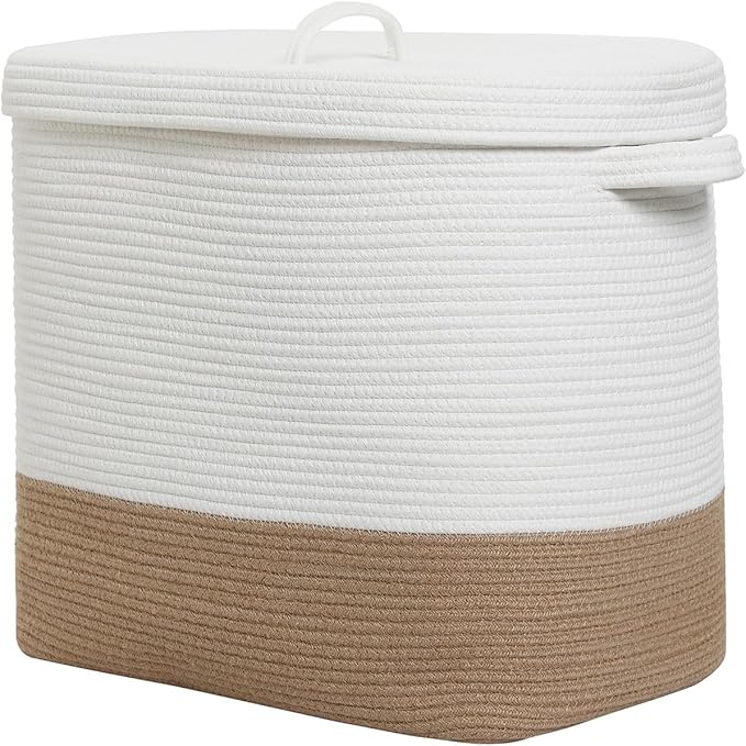 22"x14"x18" Rectangular Extra Large Storage Basket With Lid, Large Cotton Rope Storage Basket, Woven Laundry Hamper, Cloth Storage Bin, for Clothes Towels Blankets in Living Room, White/Jute Bottom