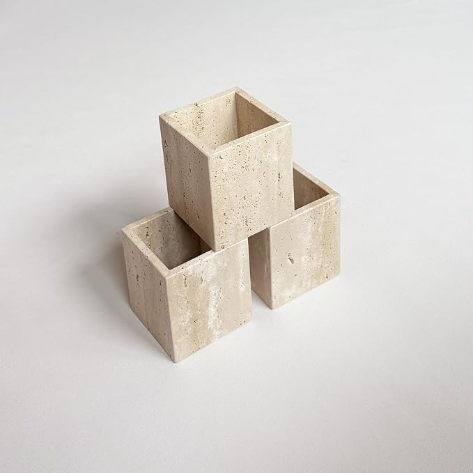 Natural Marble Stone Square Storage Container Empty Vessel Holder Cup for Candle/Pens/Sundries items (Beige Travertine)