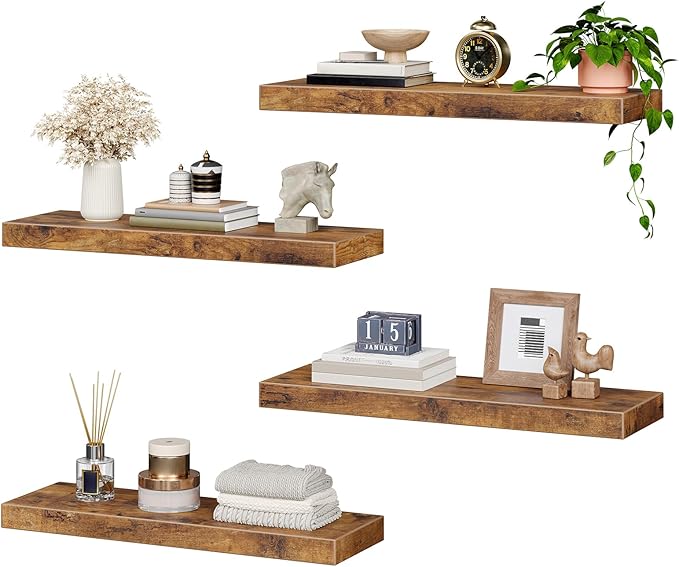 RALGEND Floating Shelves for Wall, 23.6“ Long Wall Shelf Set of 4 with Invisible Brackets, 1.5" Thick Hanging Shelves Farmhouse Home Decor for Bathroom, Living Room, Bedroom, Rustic Brown 6301BJP4BF