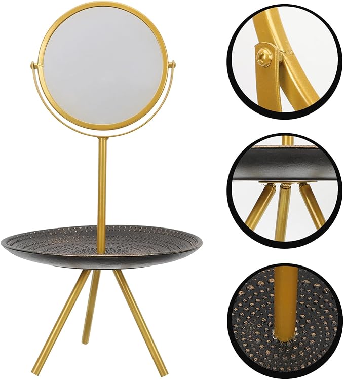 Rotatable Makeup Mirror with Jewelry Tray, European Style Desk Mirror for Bedroom Vanity, Gold Round Tray Cosmetic Organizer and Dressing Table Decor