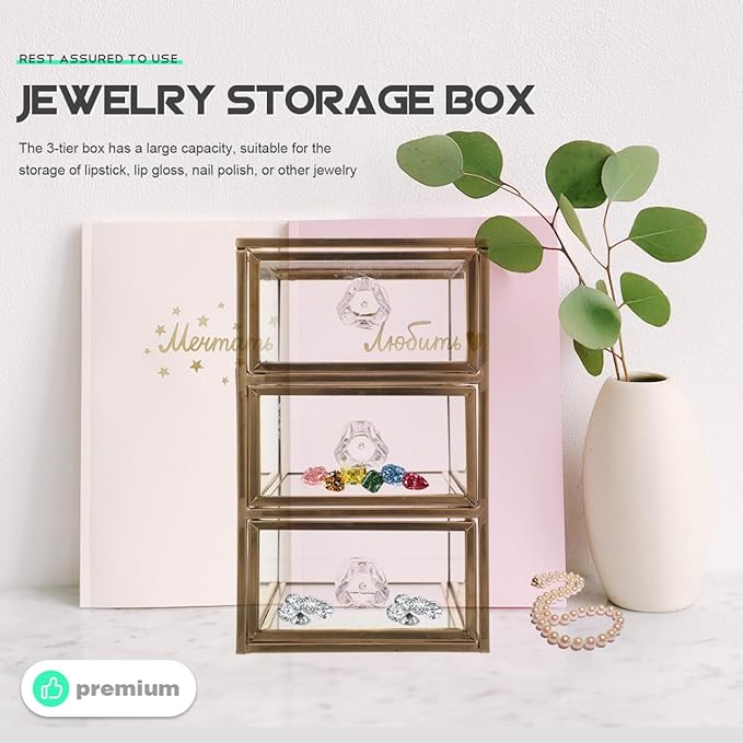 PRETYZOOM 3-tier Jewelry Storage Box Glass Versatile Makeup and Jewelry Organizer Easy Access for Home and Office Use