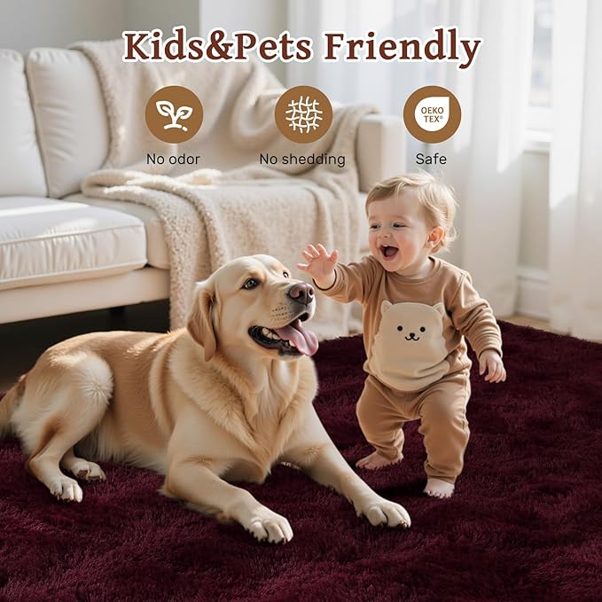 8x10 Area Rugs for Living Room Red Shag Fur Rug, Modern Non-Slip Soft Plush Carpets for Girls Woman Female Wedding Bedroom Home Décor Aesthetic Dark