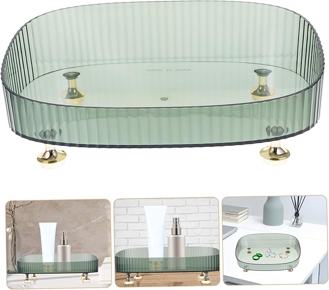 Happyyami Green High-Edge Lipstick and Perfume Organizer Tray Plastic Vanity Storage for Jewelry Makeup and Accessories Elegant Dresser Display Four Feet