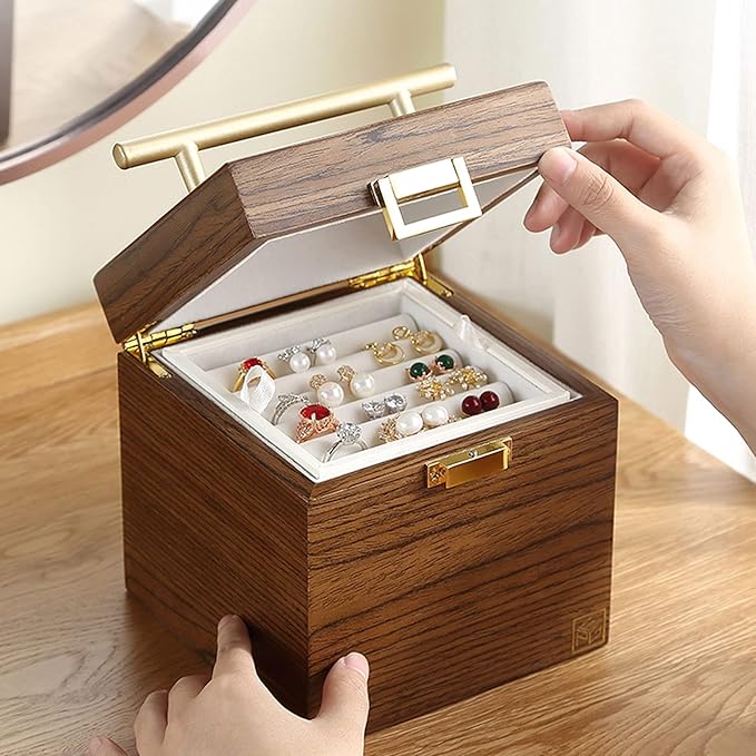 Makeup Organizers Solid Wooden Jewelry Box for Women Jewelry Armoire Ring Necklacel Gift Storage Box Travel Organizer with Mirror, Walnut Wood Color Jewelry Case