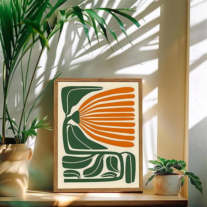 Framed Boho Floral Wall Art, Mid Century Modern Flower Canvas Wall Decor Pictures, Green and Orange Abstract Botanical Paintings Poster Prints Eclectic Home Decor for Living Room Bedroom 16x24 inch