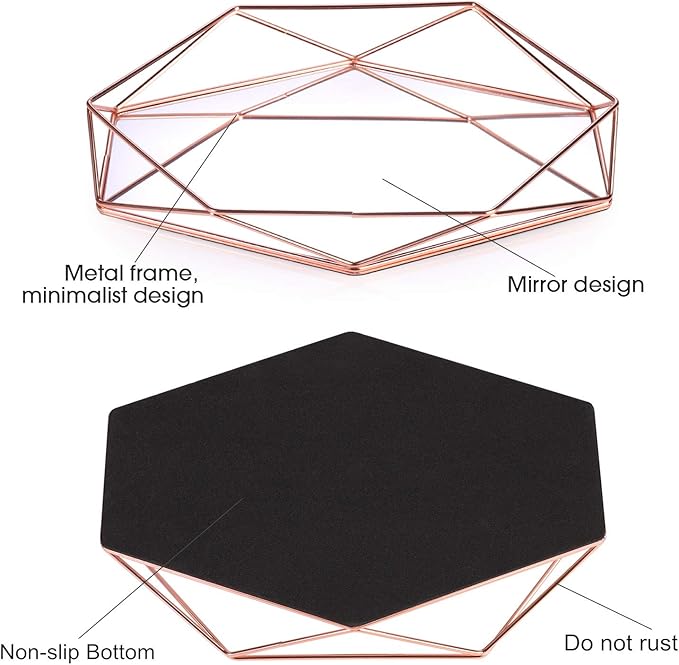 Decorative Tray Mirrored Metal Ornate Vanity Jewelry Cosmetic Table Organizer Storage Geometric Prisma Tray Desk Countertop Decor Gift Nordic Simple Style (Rose Gold)