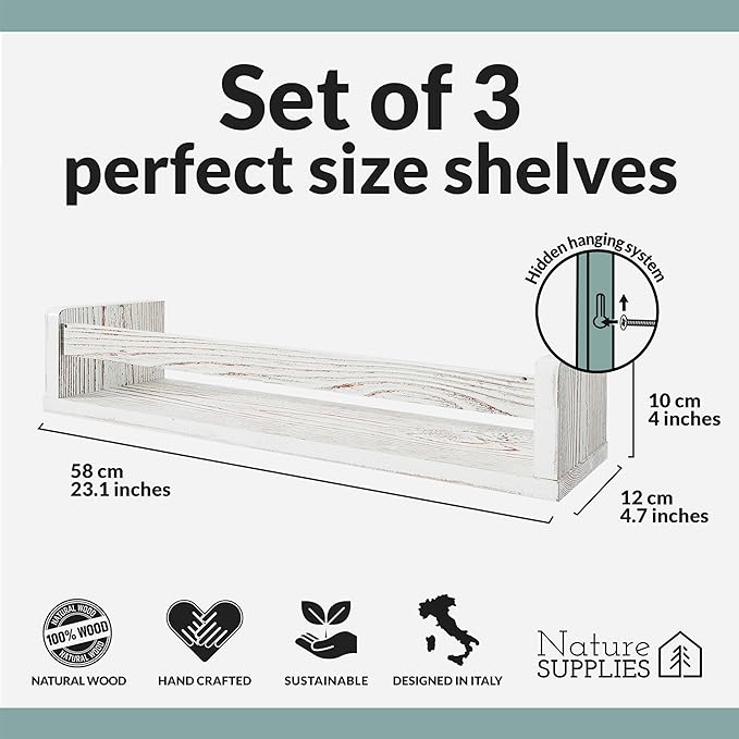 NATURE SUPPLIES Set of 3, 23.1" Whitewashed Floating Shelves for Wall, Kids Bookshelf for Bedroom, Nursery Storage, Decorative Wall Shelves for Kids Rooms, Modern Nursery Décor, Space-Saving Design